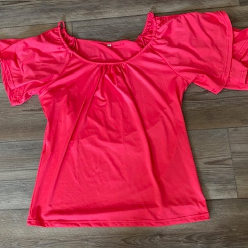 NEW * NEON PINK adjustable strap COLD SHOULDER Silky Floaty TOP * S / M